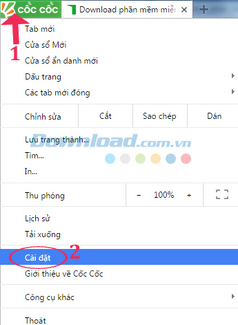 Nhấn vào cài đặt Cách khôi phục cài đặt mặc định cho trình duyệt Cốc Cốc