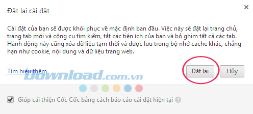 Cửa sổ xác nhận khôi phục cài đặt gốc Cách khôi phục cài đặt mặc định cho trình duyệt Cốc Cốc