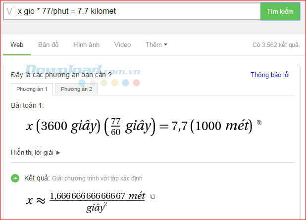Phương trình có chứa đơn vị đo lường Cách dùng Cốc Cốc để giải Toán cực nhanh