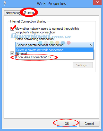 Chọn thẻ Sharing Thủ thuật phát wifi trên windows 7, 8 không cần dùng phần mềm