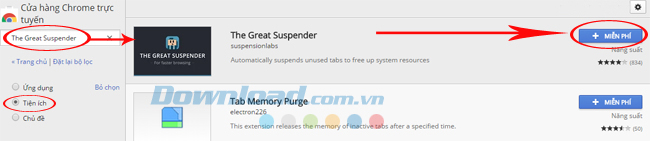 Tìm kiếm tiện ích Đưa Chrome vào trạng thái "ngủ đông" bằng The Great Suspender