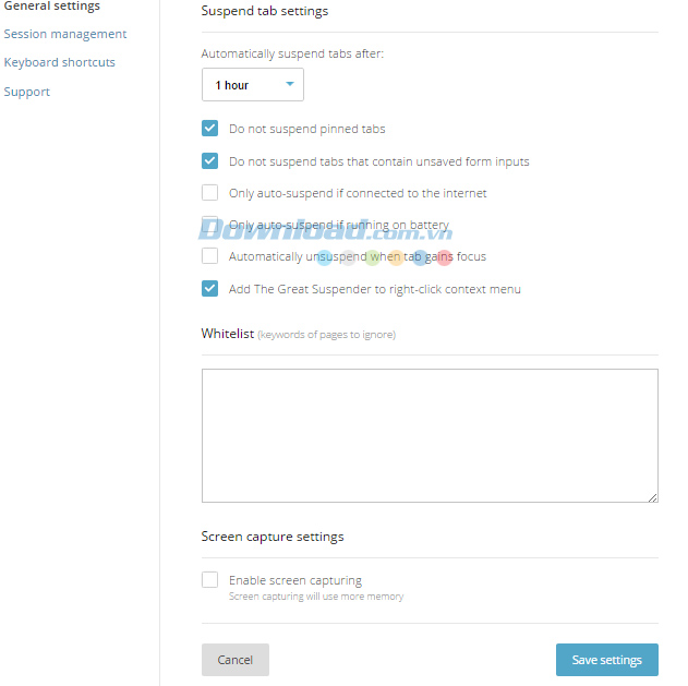 Cài đặt của The Great Suspender Đưa Chrome vào trạng thái "ngủ đông" bằng The Great Suspender