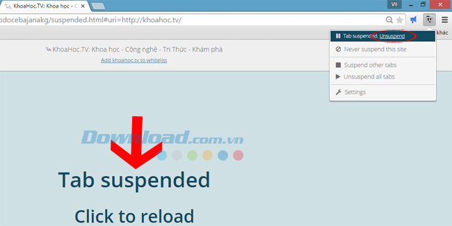 Mở lại tab đã "Suspen" Đưa Chrome vào trạng thái "ngủ đông" bằng The Great Suspender