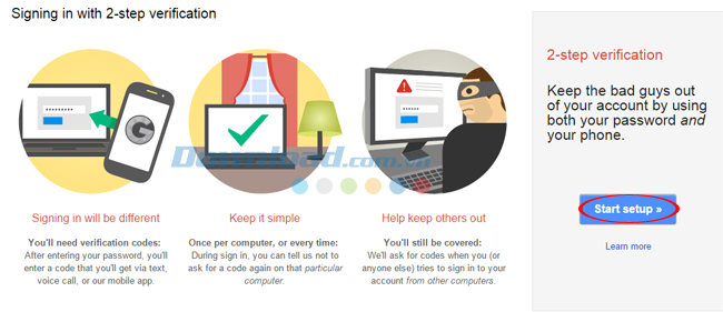 Bắt đầu thực hiện Cách tạo bảo mật 2 bước cho Google Mail