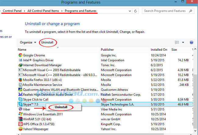 vào gỡ skype Khắc phục lỗi “Skype has stopped working”