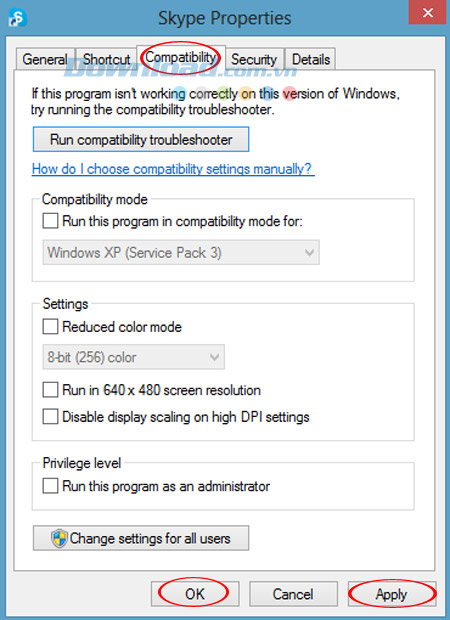 Chọn thẻ compatibility Khắc phục lỗi "Skype has stoppped working" hiệu quả nhất