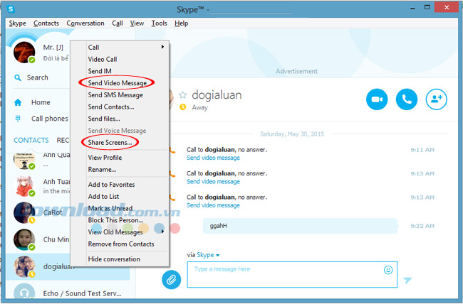 gửi tin nhắn và chia sẻ màn hình Những điều cần biết về Skype - Phần 4