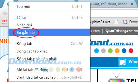 Bỏ ghim tab Hướng dẫn sử dụng chuột phải trên trình duyệt Chrome