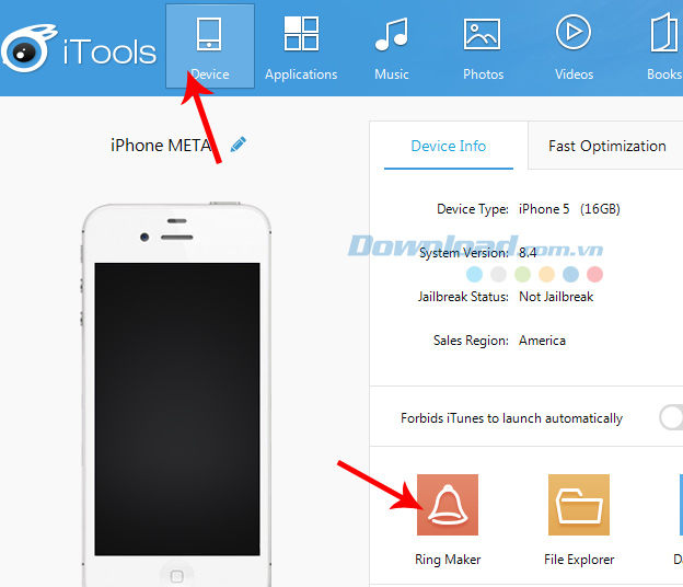 Giao diện chính iTools, click vào Device