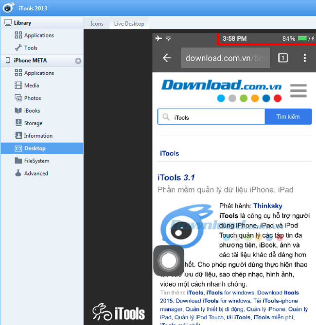 Màn hình iPhone hiển thị trên iTools