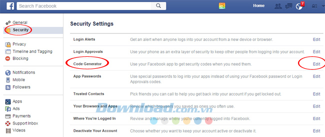 Chọn mục Security / Edit code generator