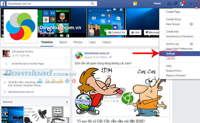 Nhấp vào mũi tên quay xuống, chọn settings