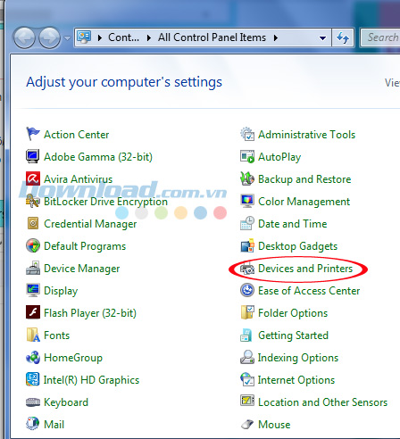 Chọn vào Device and Printers trong control panel Chọn vào Device and Printers trong control panel