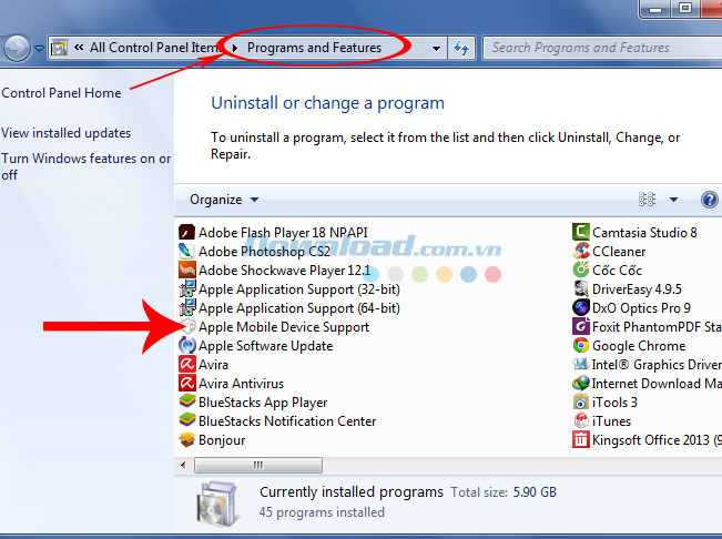Kiểm tra Apple Mobile Device Support