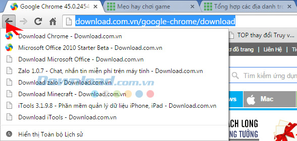 Nhấn và giữ vào biểu tượng Back để xem lịch sử truy cập