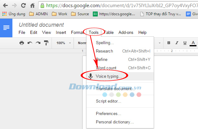 Chọn vào Tools rồi click voice typing