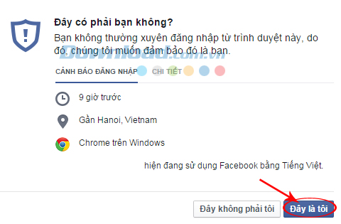 Xác nhận đúng hoặc không đúng việc đăng nhập Facebook