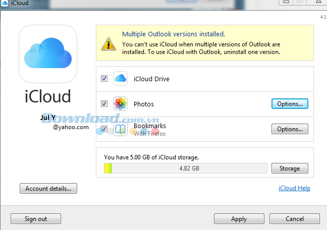 Giao diện chính của iCloud Cotrol Panel Giao diện chính của iCloud Cotrol Panel