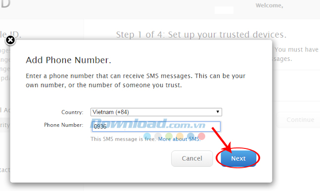 Nhập số điện thoại vào 