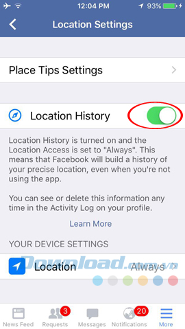Bật location history
