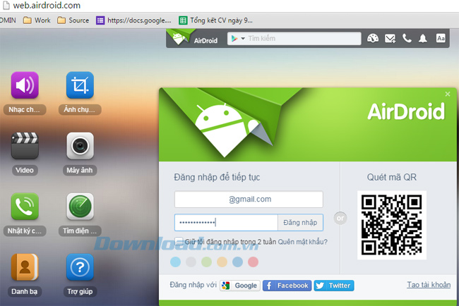 Trang chủ của Airdroid trên máy tính