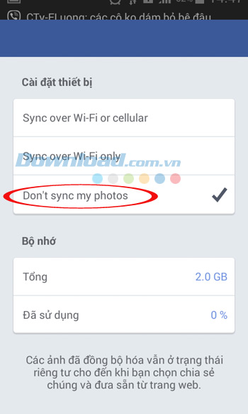 Tắt đồng bộ hoá ảnh Facebook