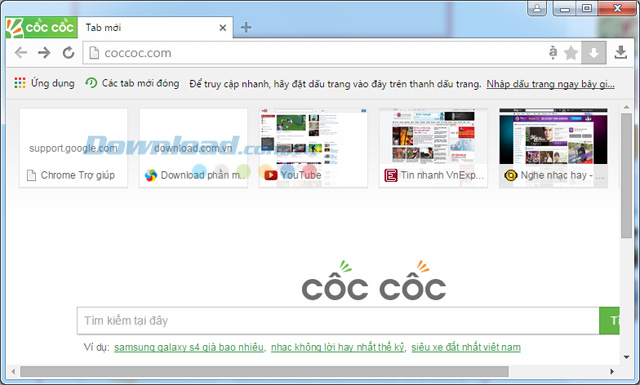 Giao diện chính của trình duyệt Cốc Cốc
