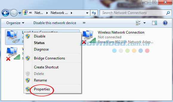 Nhấn chuột phải vào Local Area Connection
