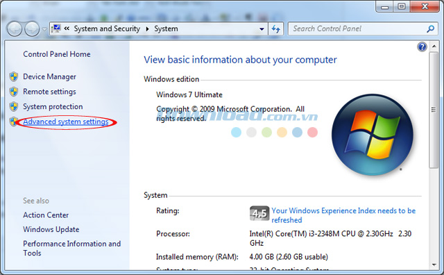 Nhấn vào Advanced System Settings