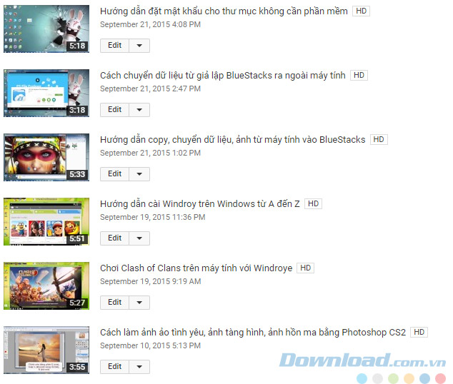 Danh sách clip kèm ảnh đại diện