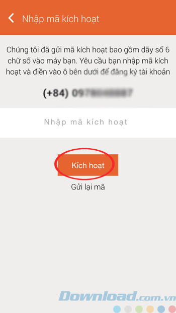 Nhập mã kích hoạt tài khoản