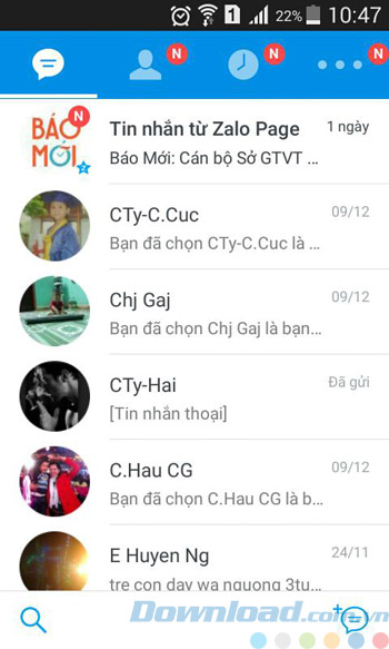 Giao diện chính của Zalo cho Android