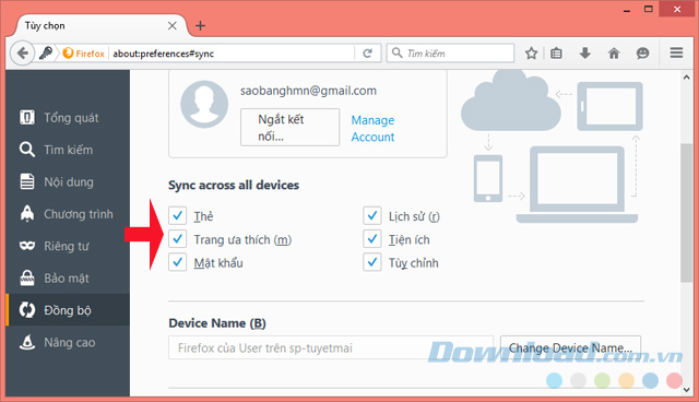 Chọn tab đồng bộ