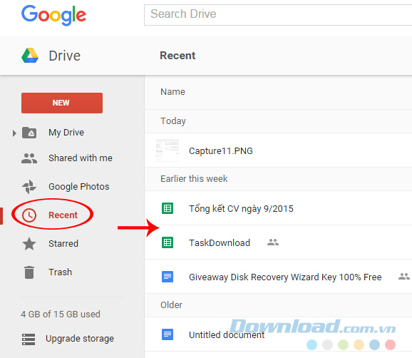Tìm kiếm các dữ liệu lưu trên Google Drive gần đây nhất Tìm kiếm các dữ liệu lưu trên Google Drive gần đây nhất