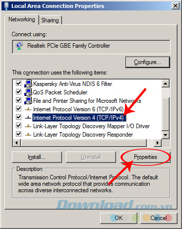 chọn vào Internet Protocol Version 4