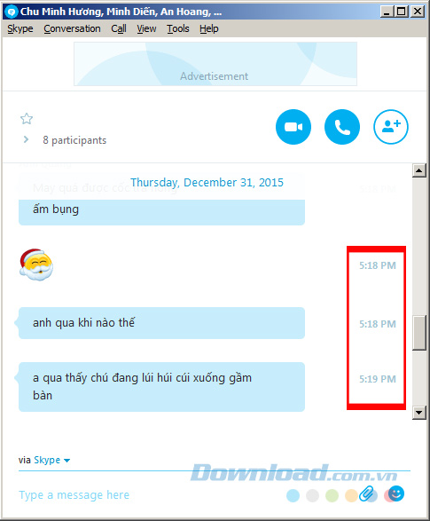 Khung chat Skype có hiển thị thời gian