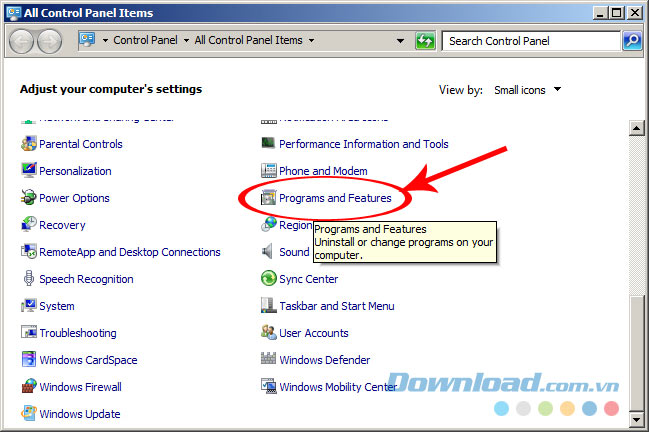 chọn vào Programs and Features