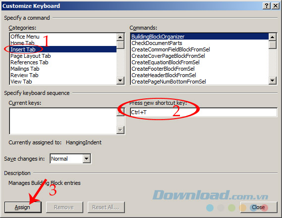 Chọn mục cần tạo phím tắt