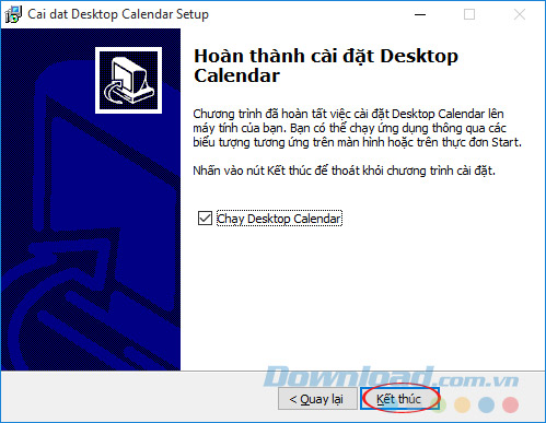 Kết thúc quá trình cài đặt DesktopCalendar