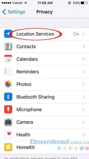 Nhấn Location Services Nhấn Location Services