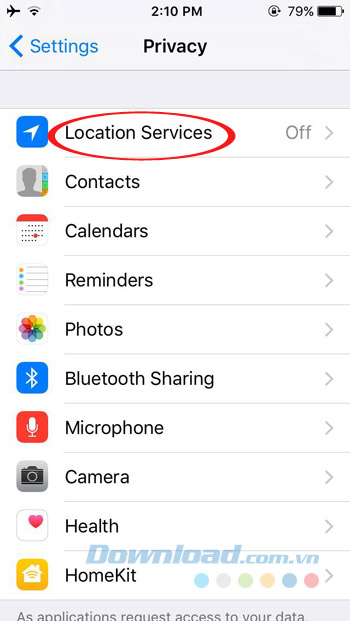 Nhấn vào Location Services Nhấn vào Location Services