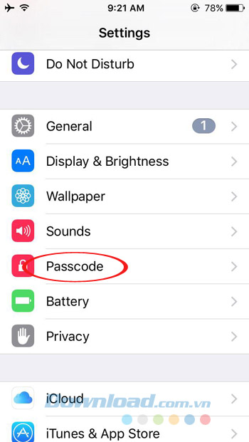 Nhấn vào Passcode Nhấn vào Passcode