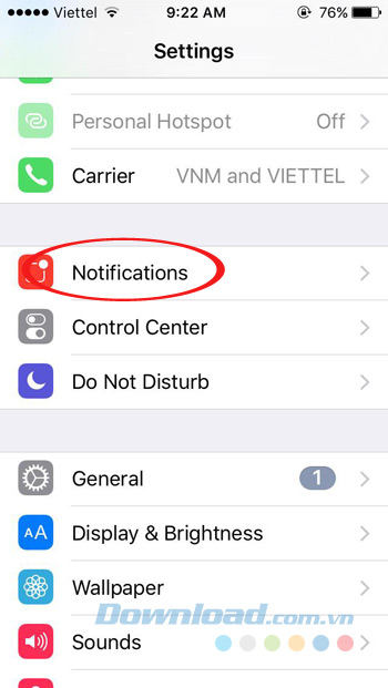 Nhấn vào Notifications