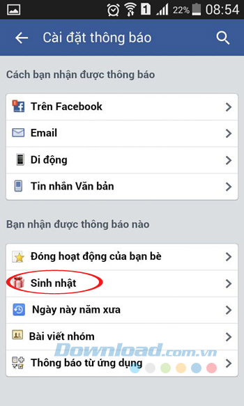 Nhấn vào mục Sinh nhật