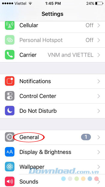 Nhấn vào General Nhấn vào General
