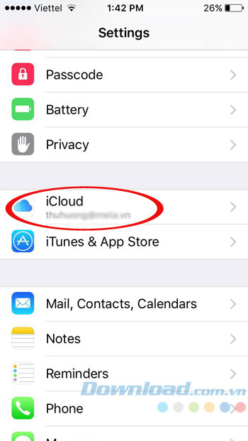 Nhấn vào iCloud Nhấn vào iCloud
