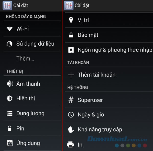 Các tùy chọn cài đặt Các tùy chọn cài đặt