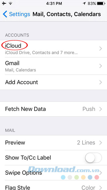 Nhấn vào iCloud Nhấn vào iCloud