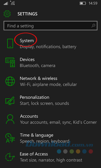 Vào phần Hệ thống Vào phần Hệ thống