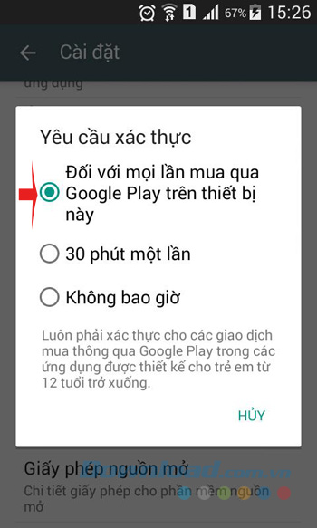 Chọn yêu cầu xác thực mua